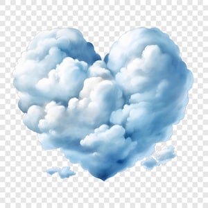 May include: A large, fluffy cloud formation shaped like a heart, featuring soft, billowy textures in shades of white and light blue. The cloud has a distinct rounded top and a pointed bottom, with smaller, detached cloud wisps floating below.