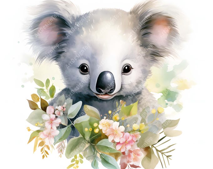 Floral Koala Clipart, Koala with Flowers Images, 10 Watercolor Clip Art, Printable JPGs, Instant Download, Commercial Use, Paper craft