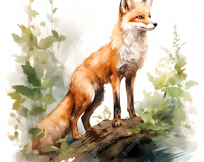 Forest Fox Clipart, Fox in Forest Images, 10 Watercolor Clip Art, Printable JPGs, Instant Download, Commercial Use, Paper craft