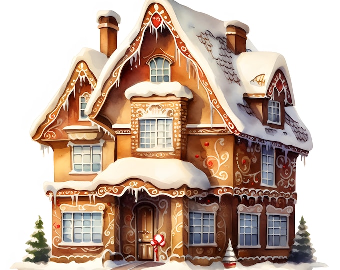 Gingerbread House Clipart, Christmas Gingerbread House Images, 10 Watercolor Clip Art, Printable JPGs, Instant Download, Commercial Use