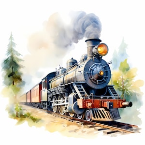 Imágenes prediseñadas de tren de vapor, imágenes de locomotoras vintage, 10 imágenes prediseñadas de acuarela, JPG imprimibles, descarga instantánea, uso comercial, artesanía de papel