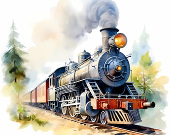 Steam Train Clipart, Vintage Locomotive Images, 10 Watercolor Clip Art, Printable JPGs, Instant Download, Commercial Use, Paper craft