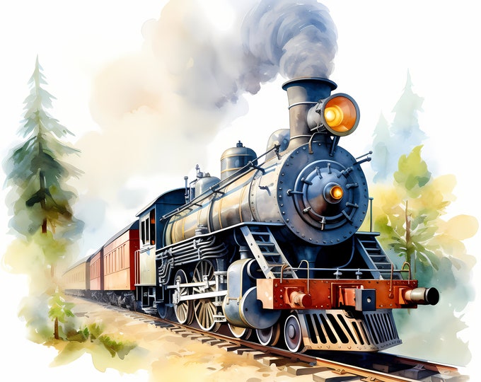 Steam Train Clipart, Vintage Locomotive Images, 10 Watercolor Clip Art, Printable JPGs, Instant Download, Commercial Use, Paper craft