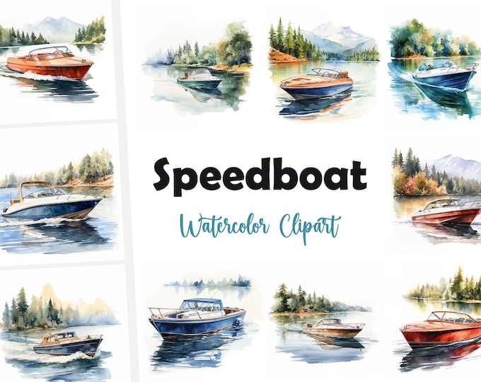 Speedboat Clipart, Speedboat on Lake Images, 10 Watercolor Clip Art, Printable JPGs, Instant Download, Commercial Use, Paper craft
