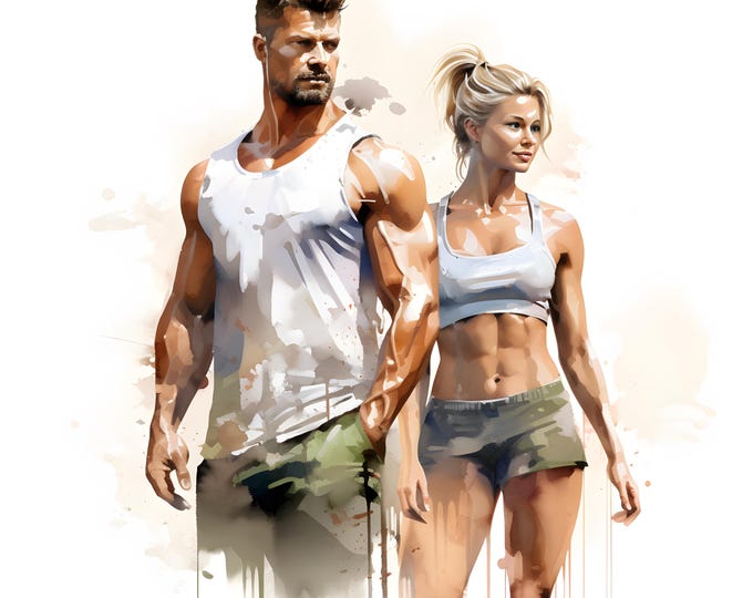Fitness Clipart, Fitness Couples Images, 10 Watercolor Clip Art, Printable JPGs, Instant Download, Commercial Use, Paper craft