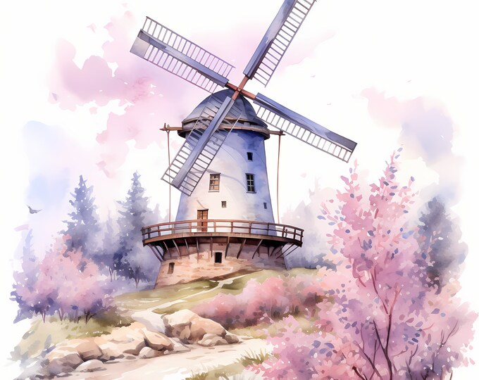 Windmill Clipart, Purple Windmills Images, 10 Watercolor Clip Art, Printable JPGs, Instant Download, Commercial Use, Paper craft