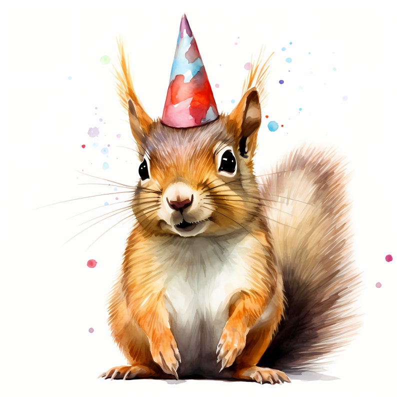 Watercolor Squirrel Clipart: Party Hat JPG Images (commercial Use ...
