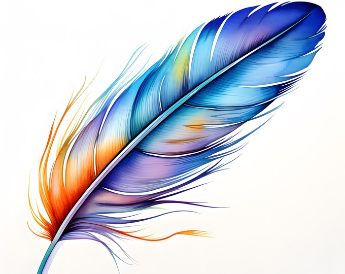 Vibrant Feather Clipart, Colorful Feathers Images, 10 Watercolor Clip Art, Printable JPGs, Instant Download, Commercial Use, Paper craft
