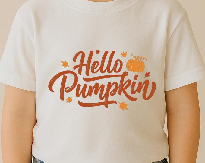 Hello Pumpkin SVG, Cute Fall Quote T-Shirt Print, Autumn Leaves DXF PNG Thanksgiving Design for Cricut Silhouette