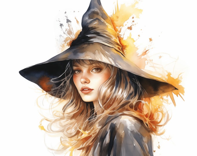 Quirky Witch Clipart, Gothic Witch Images, 10 Watercolor Clip Art, Printable JPGs, Instant Download, Commercial Use, Paper craft
