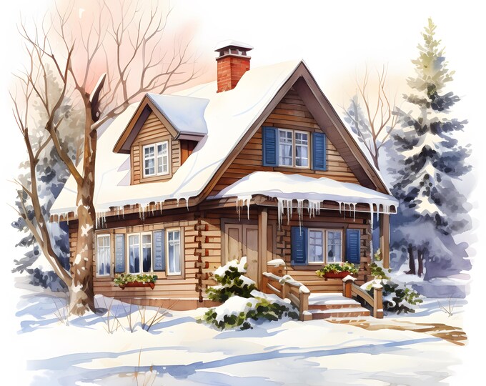 Winter Cottage Clipart, Winter Houses Images, 10 Watercolor Clip Art, Printable JPGs, Instant Download, Commercial Use, Paper craft