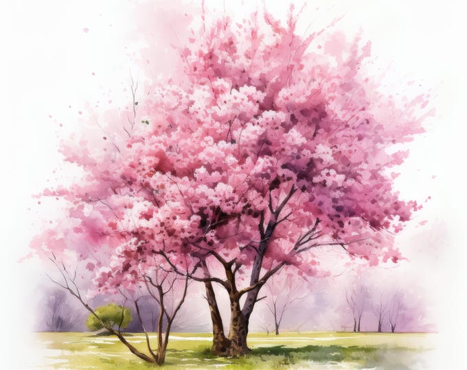 Pink Sakura Tree Clipart, Spring Blossom Landscape Images, 10 Watercolor Clip Art, Printable JPGs, Instant Download