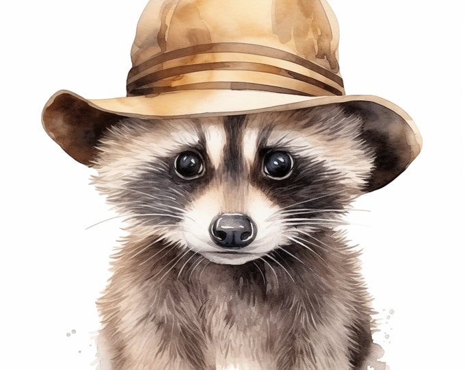Baby Raccoon Clipart, Raccoon in Hat Images, 10 Watercolor Clip Art, Printable JPGs, Instant Download, Commercial Use, Paper craft