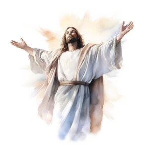 Puede incluir: Una pintura de un hombre con el pelo largo y barba, vestido con una t&uacute;nica blanca, con los brazos extendidos. Est&aacute; mirando hacia el cielo, y hay una luz brillante detr&aacute;s de &eacute;l.