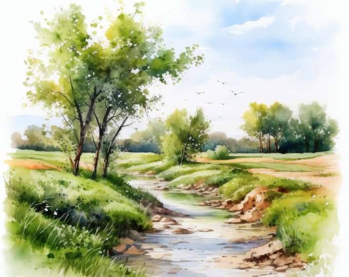 Summer Landscape Clipart, Green Field Scene Images, 10 Watercolor Clip Art, Printable JPGs, Instant Download, Commercial Use, Paper craft