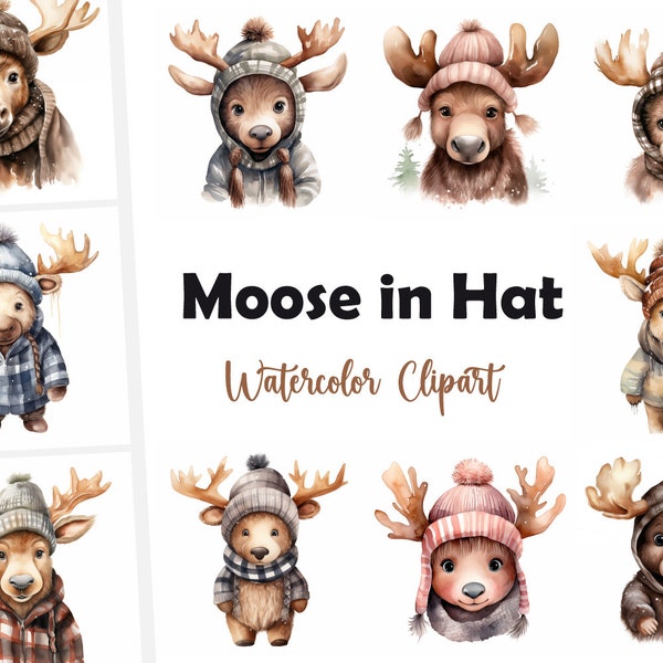 Baby Moose, Moose in Hat - Watercolor Clipart Set with 10 JPG Images - Instant Download, Commercial Use, Digital Print