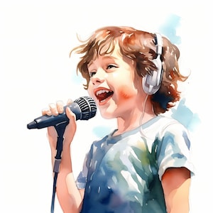 Clipart de criança com microfone, Imagens de crianças cantando, 10 clipart em aquarela, JPG para impressão, Download instantâneo, Uso comercial, Artesanato em papel