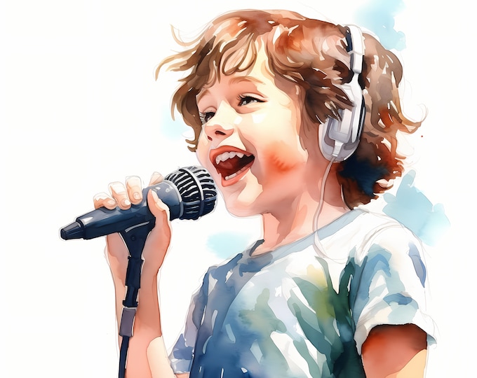 Child with Microphone Clipart, Children Singing Images, 10 Watercolor Clip Art, Printable JPG, Instant Download, Commercial Use, Paper craft
