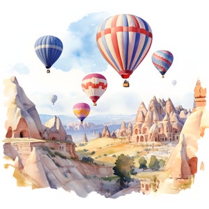 Kappadokien Ballons Clipart, Türkei Landschaften Bilder, 10 Aquarell Clip Art, druckbare JPGs, Sofort Download, kommerzielle Nutzung