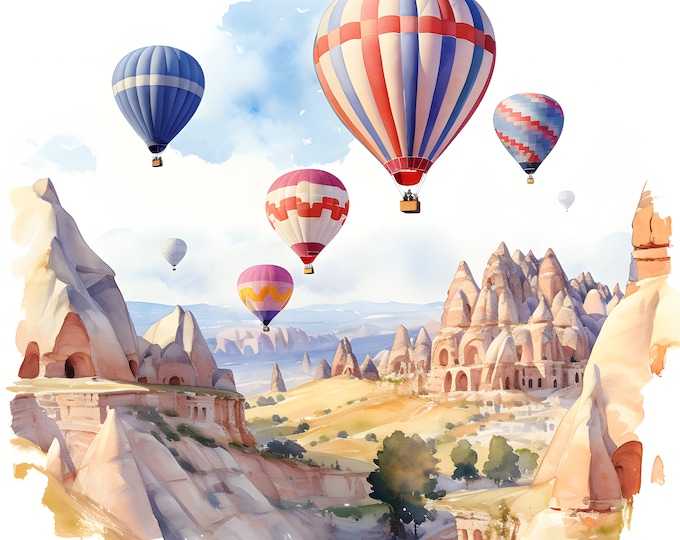 Cappadocia Balloons Clipart, Turkey Landscapes Images, 10 Watercolor Clip Art, Printable JPGs, Instant Download, Commercial Use