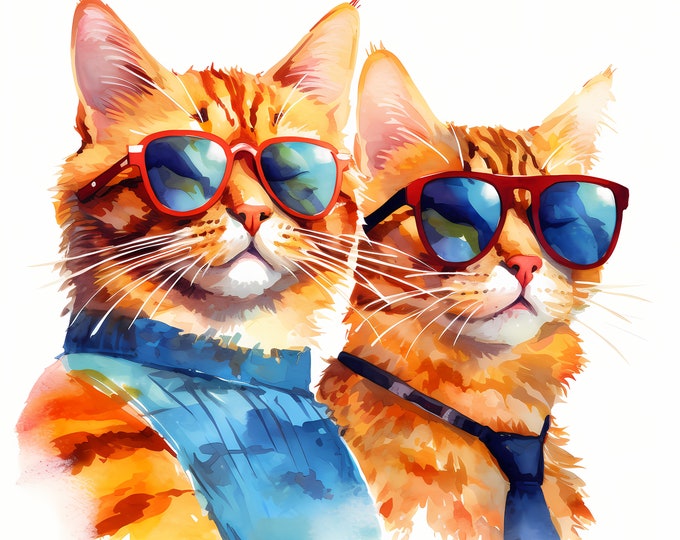 Cool Cats Clipart, Cats in Sunglasses Images, 10 Watercolor Clip Art, Printable JPGs, Instant Download, Commercial Use, Paper craft