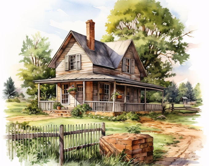 Rustic Farmhouse Clipart, Country House Images, 10 Watercolor Clip Art, Printable JPGs, Instant Download, Commercial Use, Paper craft