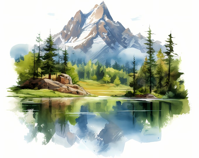 Mountain Lake Clipart, Lake Landscape Images, 10 Watercolor Clip Art, Printable JPGs, Instant Download, Commercial Use, Paper craft