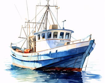 Fishing Trawler Clipart, Sea Boat Images, 10 Watercolor Clip Art, Printable JPGs, Instant Download, Commercial Use, Paper Craft