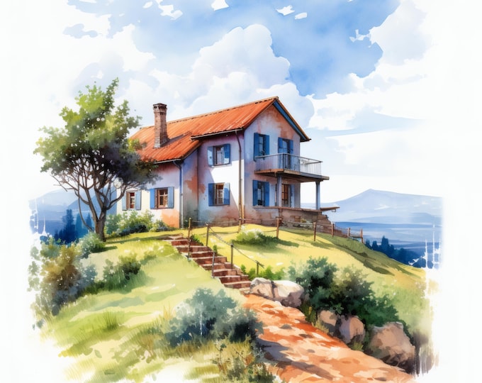 Hilltop House Clipart, Mountain Home Images, 10 Watercolor Clip Art, Printable JPGs, Instant Download, Commercial Use, Paper Craft