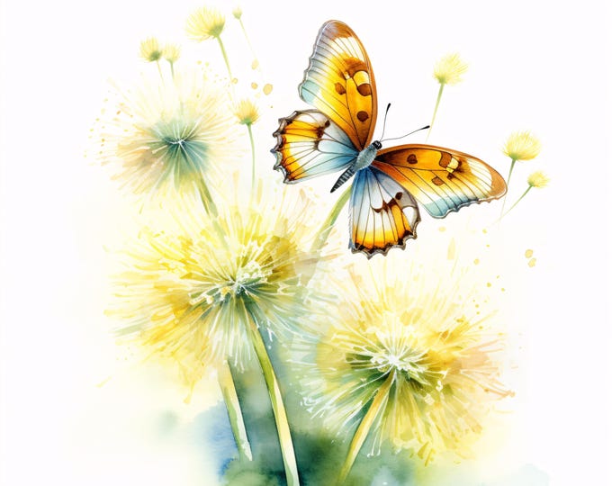 Butterfly and Dandelion Clipart, Nature Bloom Images, 10 Watercolor Clip Art, Printable JPGs, Instant Download, Commercial Use, Paper craft