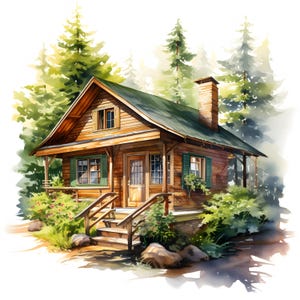 Watercolor Summer Cabin Clipart: Log Cottage Art (JPG Digital Download)