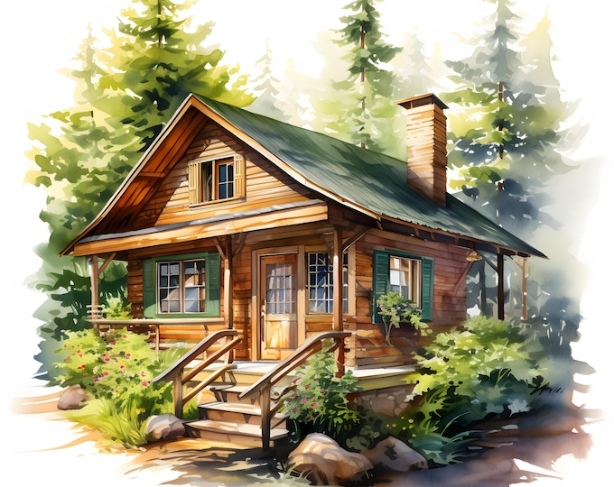 Summer Cabin Clipart, Log Cottage Images, 10 Watercolor Clip Art, Printable JPGs, Instant Download, Commercial Use, Paper craft