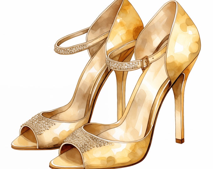 Golden Prom Shoes Clipart, Prom Shoes Images, 10 Watercolor Clip Art, Printable JPGs, Instant Download, Commercial Use, Paper craft