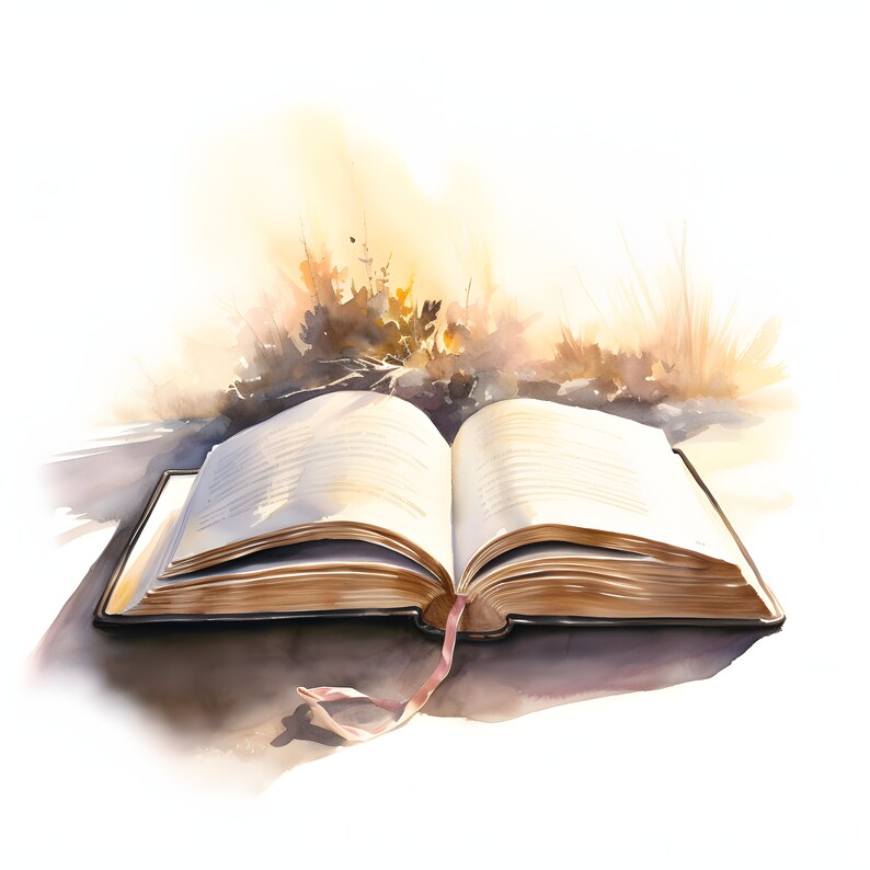 May include: An open book with aged pages lies on a brown surface, illuminated by a soft, golden light. The book is surrounded by a watercolor background of grass and foliage, creating a serene and peaceful atmosphere.