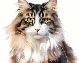 水彩画のノルウェージャンフォレストキャットのクリップアート：商用