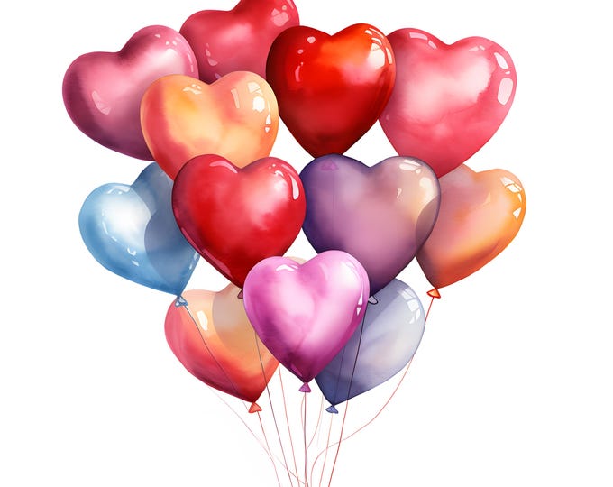 Heart Balloons Clipart, Valentine Day Images, 10 Watercolor Clip Art, Printable JPGs, Instant Download, Commercial Use, Paper craft