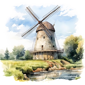 Moulin paysage clipart, images de moulin à vent, 10 images clipart aquarelle, fichiers JPG imprimables, téléchargement immédiat, usage commercial, créations en papier