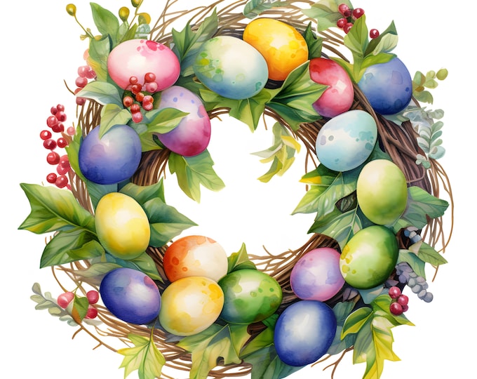 Easter Eggs Wreath Clipart, Eggs Wreath Images, 10 Watercolor Clip Art, Printable JPGs, Instant Download, Commercial Use, Paper craft