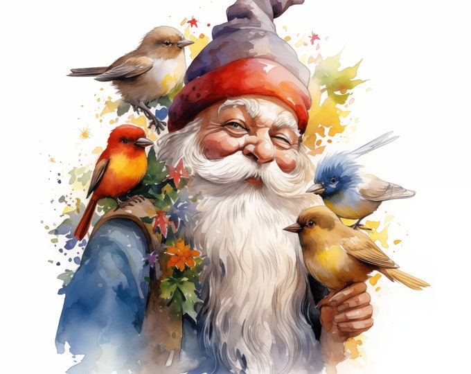 Gnome with Birds Clipart, Bird Gnome Images, 10 Watercolor Clip Art, Printable JPGs, Instant Download, Commercial Use, Paper craft