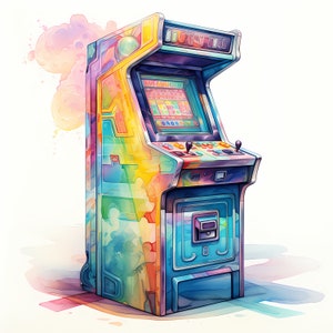 Arcade Game, Arcade Machine, Retro Gaming Watercolor Clipart Set With ...