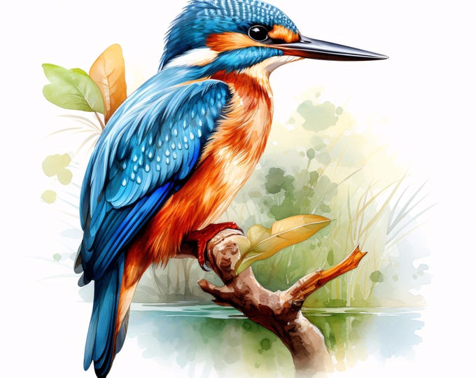 Kingfisher Watercolor Clipart: Bird Images for Commercial Use (JPG Digital Download)