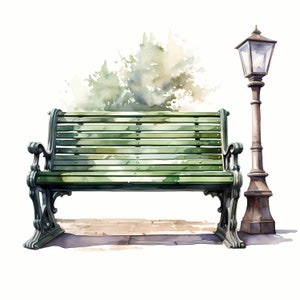 Gartenbank Clipart, Parkbänke Bilder, 10 Aquarell Clip Art, druckbare JPGs, Sofort Download, kommerzielle Nutzung, Papiermodell