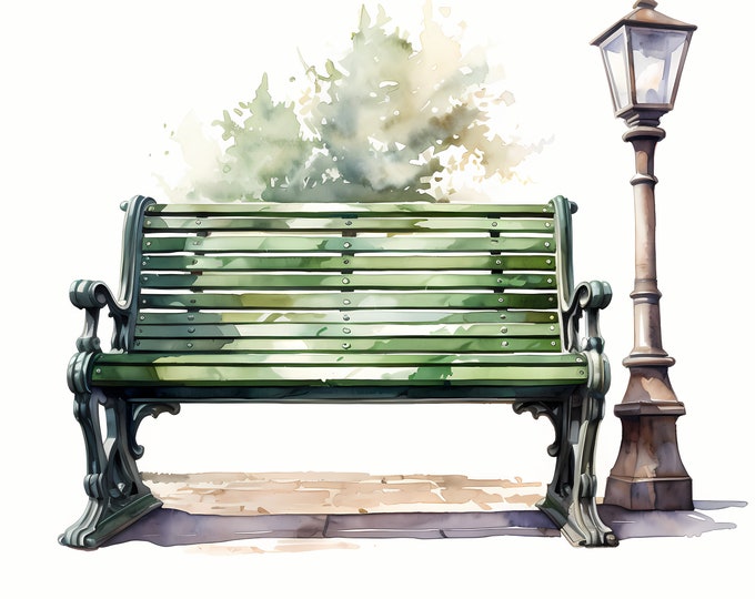 Garden Bench Clipart, Park Benches Images, 10 Watercolor Clip Art, Printable JPGs, Instant Download, Commercial Use, Paper craft