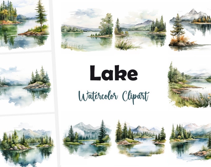 Lake Clipart, Lake Landscape, River Images, 10 Watercolor Clip Art, Printable JPGs, Instant Download, Commercial Use, Paper craft
