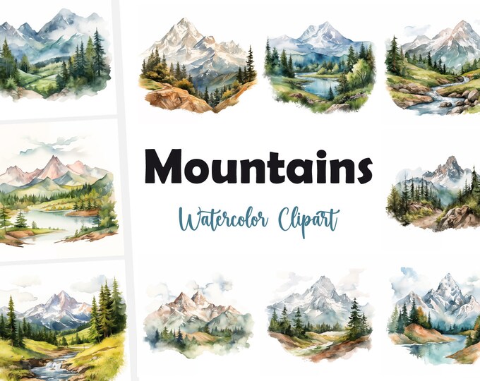 Mountain Clipart, Mountains Landscape Images, 10 Watercolor Clip Art, Printable JPGs, Instant Download, Commercial Use, Paper craft