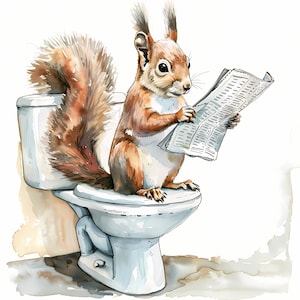 Clipart eekhoorn, afbeeldingen eekhoorn op het toilet, 10 aquarel illustraties, afdrukbare jpg's, Instant Download, Commercieel gebruik, Papercraft