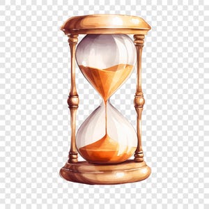 May include: An hourglass with a polished wooden frame featuring a rounded top and base connected by four vertical pillars. The clear glass bulbs contain fine golden sand, with a steady stream flowing from the upper bulb into the lower bulb.