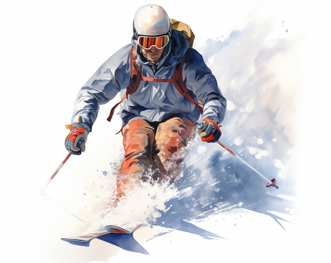 Skiing Clipart, Winter Sport, Skier Images, 10 Watercolor Clip Art, Printable JPGs, Instant Download, Commercial Use, Paper craft