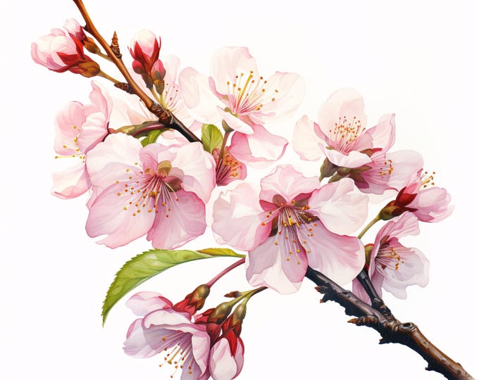 Watercolor Cherry Blossom Clipart: Sakura Flower Branch JPGs (Commercial Use, Instant Download