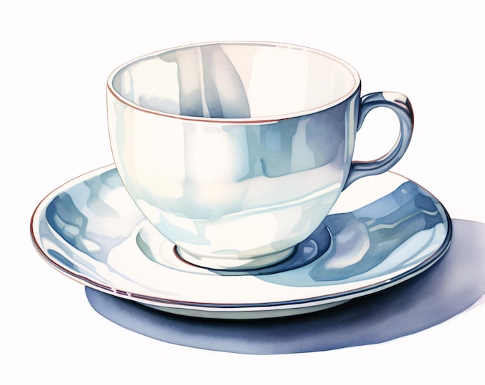 Watercolor Tea Cup Clipart: Ceramic Cup and Saucer Images (JPG Digital Download, Commercial Use)